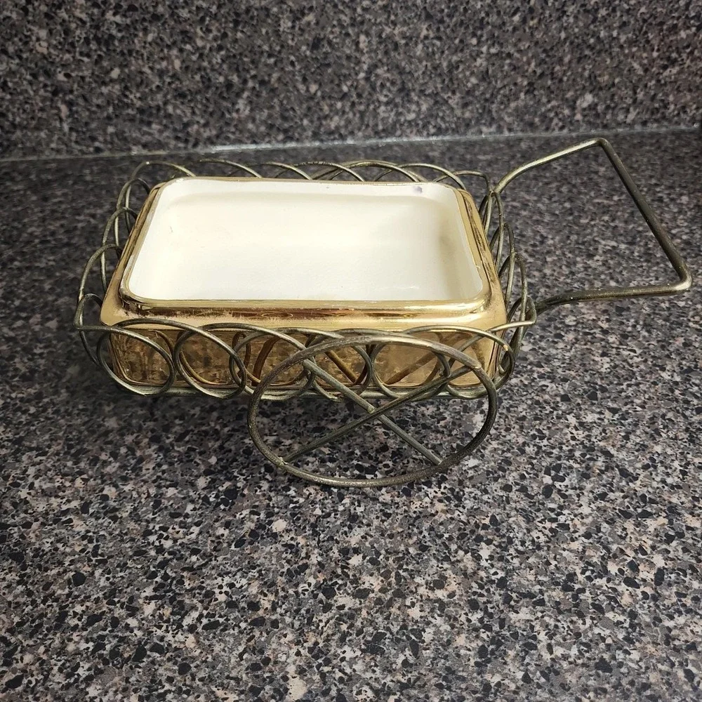 Vintage MCM Atlas Satin Gold Wagon Cart Candy Dish Nut Server Ashtray Caddy Gold